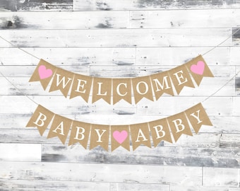 Banner de bienvenida para bebé, banner de arpillera para bebé, decoraciones para baby shower, banner de arpillera para baby shower, banner personalizado para niña