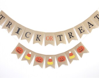 Trick or Treat Burlap Banner, Halloween Decorations, Halloween Banner, Happy Halloween, Banner Bunting, Halloween Decor, Rustic Mantel Decor