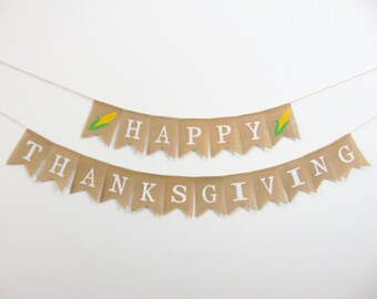 Happy Thanksgiving Banner, Corn Thanksgiving Decor, Thanksgiving Banner, Thanksgiving Burlap Bunting Garland, Rustic Holiday Decor