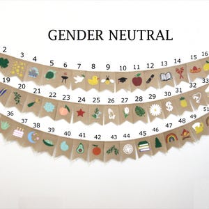 May include: A gender neutral burlap banner with 52 flags, each featuring a different illustrated design. The flags are numbered 1 through 52. The banner is perfect for a gender neutral party or celebration.