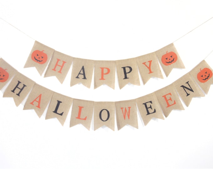 Happy Halloween Burlap Banner - 5.5x6.7 Inch Multicolored Pumpkin & Witch Party Decoration - View #11