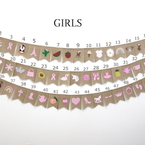 Puede incluir: Una pancarta de arpillera con ilustraciones rosas y blancas de varios temas para ni&ntilde;as, incluyendo un unicornio, un flamenco, una corona, una taza de t&eacute;, una bailarina, un girasol, una sand&iacute;a, una mariquita, un arco&iacute;ris, un cupcake, un melocot&oacute;n, una cruz, una mariposa, una estrella, un par de zapatillas de ballet, una pi&ntilde;a, una calabaza, un ciervo, un caballito de balanc&iacute;n, un par de huellas, un lazo, un &aacute;rbol de Navidad, un ancla, un bolso, una cinta rosa, una margarita, un cono de helado, un vestido, una llama, un par de tacones altos, una tetera y un par de zapatitos de beb&eacute;. La pancarta est&aacute; numerada del 1 al 52.
