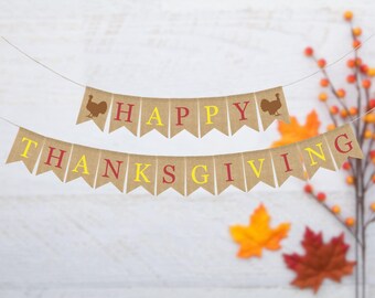 Happy Thanksgiving Banner, Thanksgiving Decorations, Thanksgiving Banner, Thanksgiving Burlap Bunting Garland, Rustic Holiday Decor