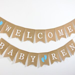Banner de bienvenida para bebés, Banner de huella de bebé, Decoraciones de baby shower, Banner de arpillera de baby shower, Banner de bienvenida personalizado personalizado