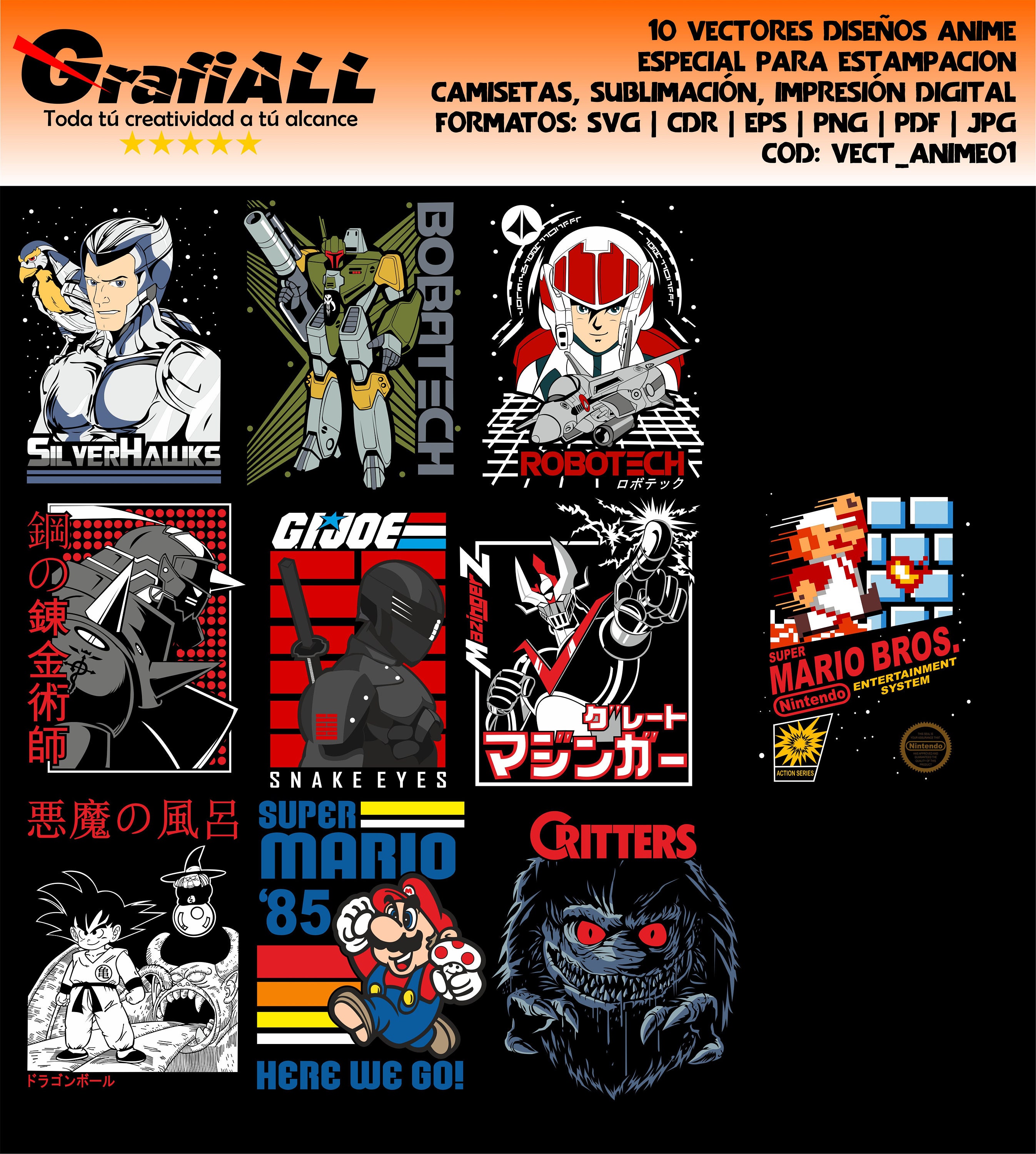 10 Templates, Anime Templates 01 for T-shirts, Print on Demand