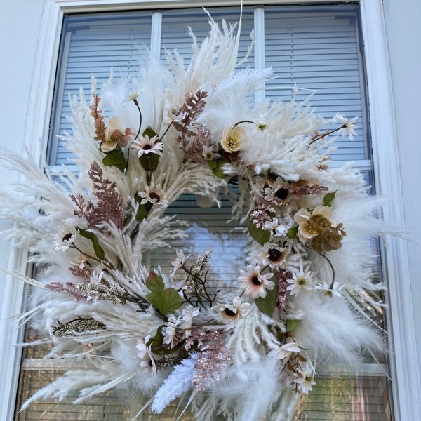 White Pampas Boho Wreath for Front Door, White Boho Wreath All Seasons, Chic Year- Round Wreath,