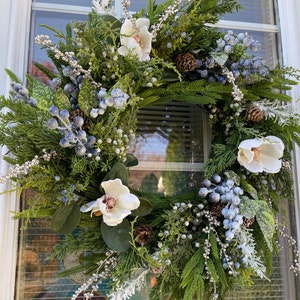 Winter Evergreen Wreath With White Magnolias, Faux Evergreen Winter Wreath With Iced Blueberries, Pinecones, and Champagne Berries
