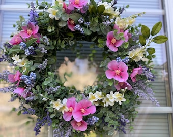 Eucalyptus and Floral Front Door Wreath, Romantic Cottage Wreath, Summer Wreath, Spring Wreath, Front Door Decor, Housewarming Gift