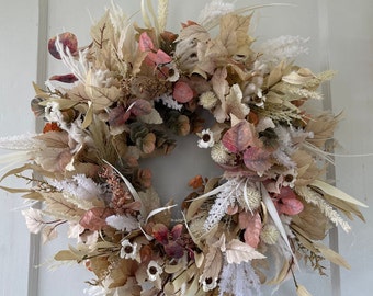 Boho Style Cream Birch Leaf Wreath,  Boho Tricolor Eucalyptus and Pampas Wreath, Boho Cream Grass and Pearly Everlasting Floral Wreath