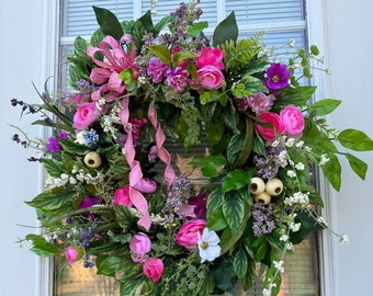 Vibrant Pink, Purple, Lavender Summer Wreath for Front Door, Spring Wreath for Front Door, Front Door Decor, Cottage Romantic Wreath