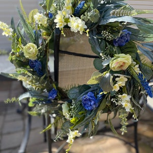 Spring Summer Mixed Eucalyptus Wreath with Yellow and Blue Ranunculus, Modern Farmhouse Wreath, Easter Wreath for Front Door, Cottage Wreath