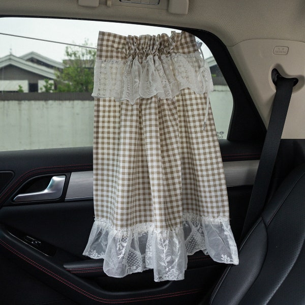 Niedliche Auto Fenster Sonnenschirm Doppelschicht Spitze Vorhang Auto Accessoires für Mädchen Babys Frauen Kawaii Kariert MusterAuto Dekor