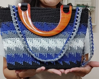 Stunning party purse / wooden handle bag / spacious handmade bag / Crochet mix color purse / blue, black, green and white color combo