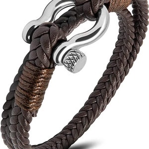 Nautical Leather Bracelet for Men with Stainless Steel Anchor Shackle - 8.26inches