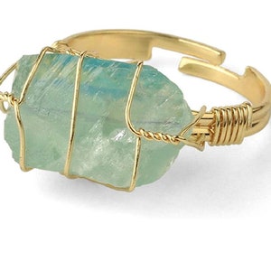 Raw Healing Crystal Natural Stone Ring, Copper Wire Wrapped Irregular Crystal Gemstone Adjustable Ring for Women & Girls