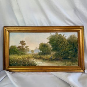 Antique European River Landscape Oil Painting, Signed, Gold Frame