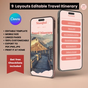 Travel Itinerary Mobile Template | Editable Travel Canva Template | Traveling Guide | Itinerary Checklist for Traveler Agent
