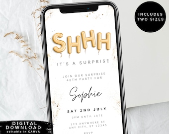 Shhh... it's a surprise e-invite, surprise party invite, Text Message Invitation, Mobile Phone invite, Gold balloon birthday invite, 239