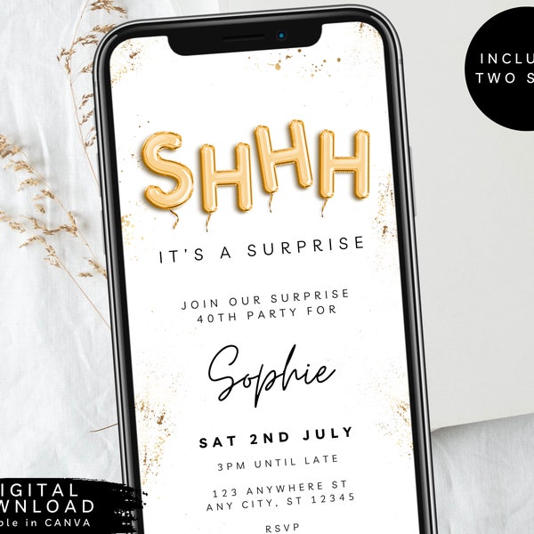 Shhh... it's a surprise e-invite, surprise party invite, Text Message Invitation, Mobile Phone invite, Gold balloon birthday invite, 239