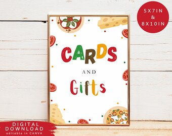 May include: A printable sign with a white background and colorful pizza and cheese illustrations. The sign says "Cards and Gifts" in colorful letters. The sign is available in 5x7 inches and 8x10 inches.