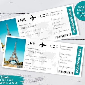 Billete de avión editable para embarcar en París, cupón de viaje sorpresa para imprimir, tarjeta de embarque de destino, cupón de regalo para boleto de avión de vacaciones, 077
