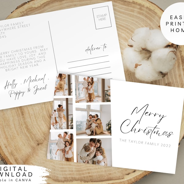 Postcard Photo Holiday Card Template, Minimalist Photo Holiday Card, Editable Family Picture Holiday Postcard, Family Christmas Postcard,094