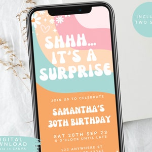 Shhh... it&#39;s a surprise e-invite, surprise retro party invite, retro groovy evite, Mobile Phone invite, groovy birthday invite, 353