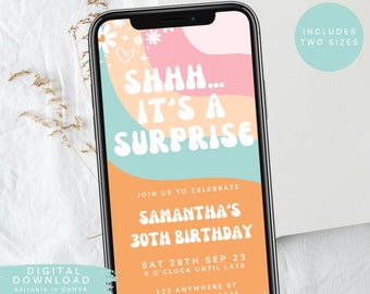 Shhh... it's a surprise e-invite, surprise retro party invite, retro groovy evite, Mobile Phone invite, groovy birthday invite, 353
