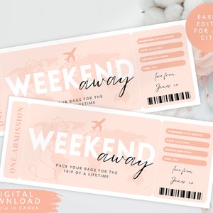 Biglietto di viaggio modificabile per il weekend, voucher di viaggio a sorpresa da stampare, voucher per la destinazione delle vacanze, biglietto per le vacanze, voucher per una breve vacanza in città, 199