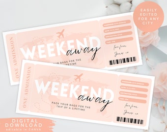 Editable Weekend Away Travel Ticket, Print Surprise Trip Voucher, Holiday destination voucher, Vacation Ticket, City Break Voucher, 199