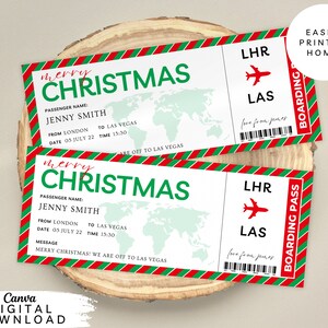 Billete de avión de embarque navideño editable, vale de viaje sorpresa para imprimir en casa, vale de destino de vacaciones, billete de avión para vacaciones navideñas, 098