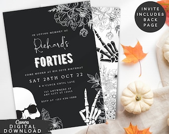 RIPs to forties party Invitation, Skull Halloween Invite, Death to 40s invite, 50th skull party invite, fifty funeral birthday invite ,028