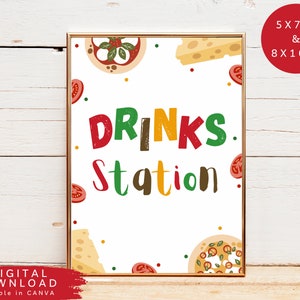 May include: Printable sign for a drinks station with a pizza theme. The sign is white with red, green, yellow, and brown text that says "DRINKS STATION". The sign is decorated with images of pizza, cheese, and tomatoes.