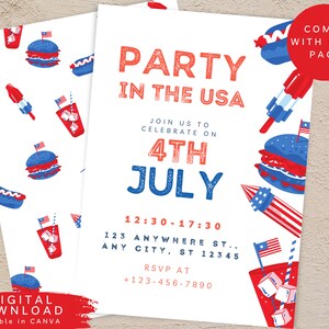 Peut inclure: Une invitation imprimable pour une f&ecirc;te du 4 juillet aux &Eacute;tats-Unis. L'invitation pr&eacute;sente des illustrations rouge, blanc et bleu de hot-dogs, hamburgers, glaces et feux d'artifice. Le texte sur l'invitation indique "Party in the USA", "Rejoignez-nous pour c&eacute;l&eacute;brer le 4 juillet", "12:30-17:30", "123 Anywhere St., Any City, ST 12345", "RSVP at +123-456-7890", et "Comes with back page".