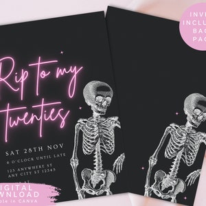 Neon RIPs to twenty party Invitation, Skull Halloween Invite, Death to 20s invite, Goth skull party invite, thirtieth birthday invite, 192
