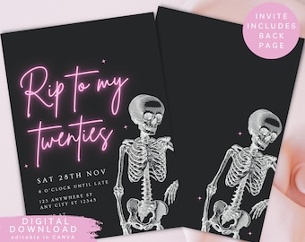 Neon RIPs to twenty party Invitation, Skull Halloween Invite, Death to 20s invite, Goth skull party invite, thirtieth birthday invite, 192