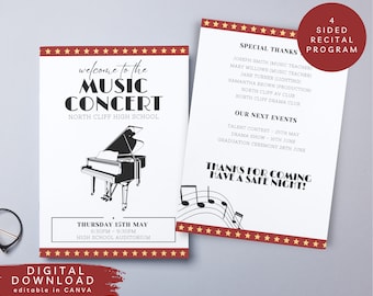 Editable Music Concert program, High School Music Recital, , Piano Recital program, Choir Concert, Drama Club Program, Editable Playbill,130