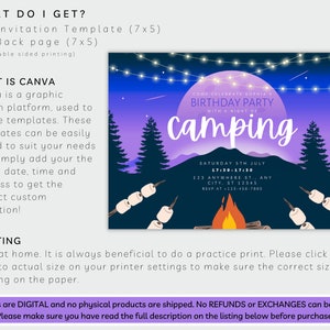 May include: A printable invitation template for a camping themed birthday party. The invitation features a purple and blue night sky with a full moon, stars, and a campfire. The text reads "Come Celebrate Sophia's Birthday Party with a Night of Camping".