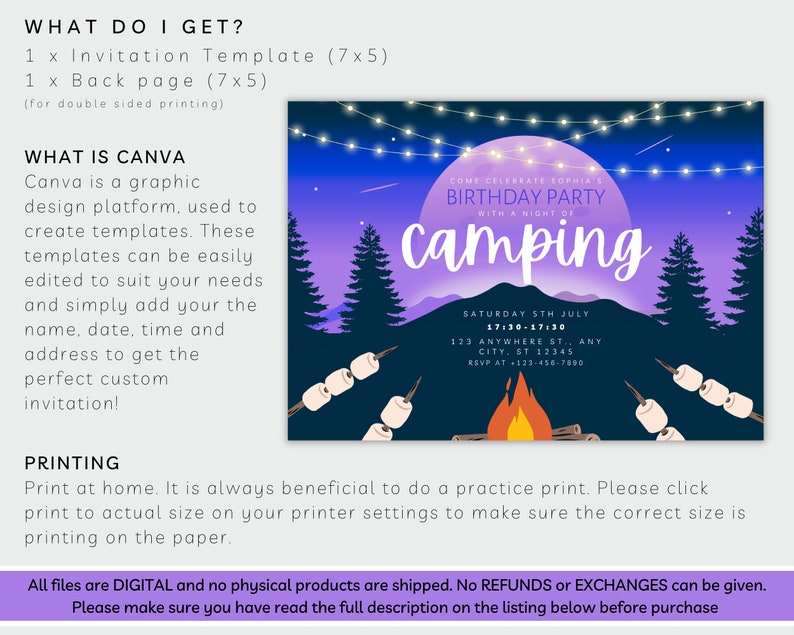 May include: A printable invitation template for a camping themed birthday party. The invitation features a purple and blue night sky with a full moon, stars, and a campfire. The text reads "Come Celebrate Sophia's Birthday Party with a Night of Camping".