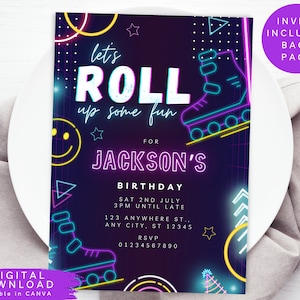 May include: Neon pink, blue, and yellow birthday party invitation with the text "Let's Roll Up Some Fun" for Jackson's birthday. The invitation includes a graphic of roller skates and a smiley face.