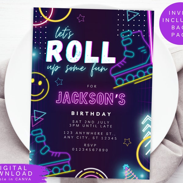 Neon Roller Skate Childs Birthday Invite, Roller Blade Invite, Glow Skating Party Invitation, Glow Party Invite, Lets Roll Skate Invite, 313