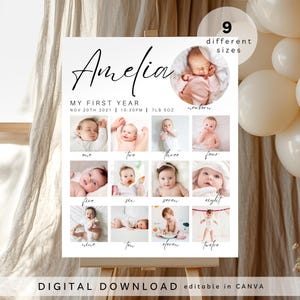 milestone birthday sign, printable baby's first year poster template, baby 1st birthday milestone board, 1st Birthday Photo Collage Sign,208