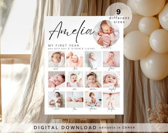 milestone birthday sign, printable baby's first year poster template, baby 1st birthday milestone board, 1st Birthday Photo Collage Sign,208