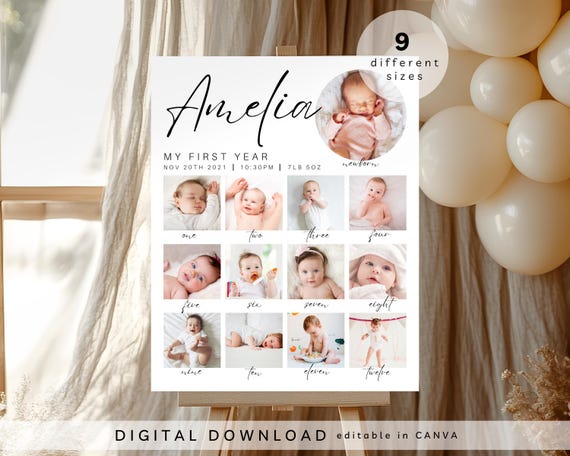 milestone birthday sign, printable baby's first year poster template, baby 1st birthday milestone board, 1st Birthday Photo Collage Sign,208