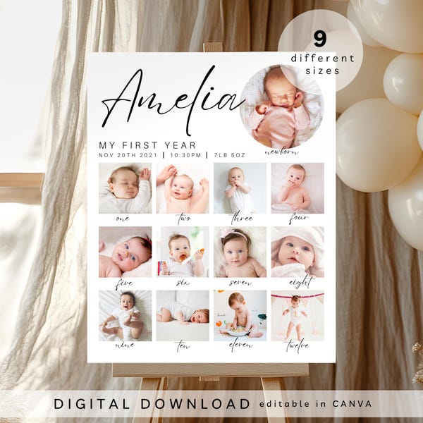 milestone birthday sign, printable baby's first year poster template, baby 1st birthday milestone board, 1st Birthday Photo Collage Sign,208