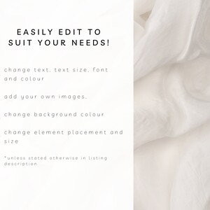 Peut inclure: Texte sur un fond blanc qui dit "EASILY EDIT TO SUIT YOUR NEEDS!" avec une liste de quatre puces&nbsp;: modifier le texte, la taille du texte, la police et la couleur&nbsp;; ajouter vos propres images&nbsp;; modifier la couleur de fond&nbsp;; modifier le placement et la taille des &eacute;l&eacute;ments. Le texte "*sauf indication contraire dans la description de la liste" se trouve en bas de la liste.