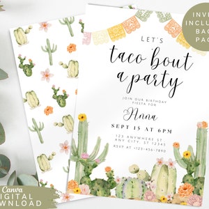 Fiesta birthday invitation, taco ‘bout a party, fiesta party invite, Mexican invite, pastel cactus birthday invite, Tacos theme Invite, SET1