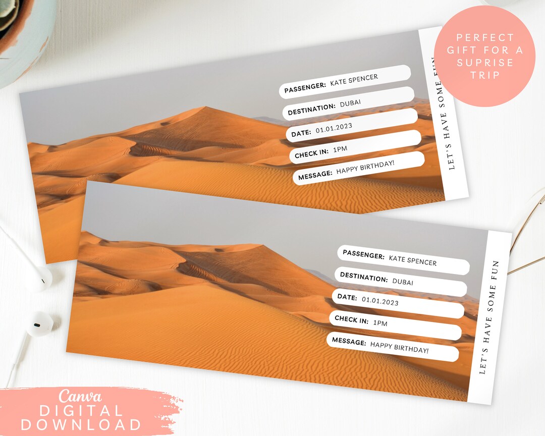 Editable Dubai Boarding Plane Ticket Print Surprise Trip Etsy