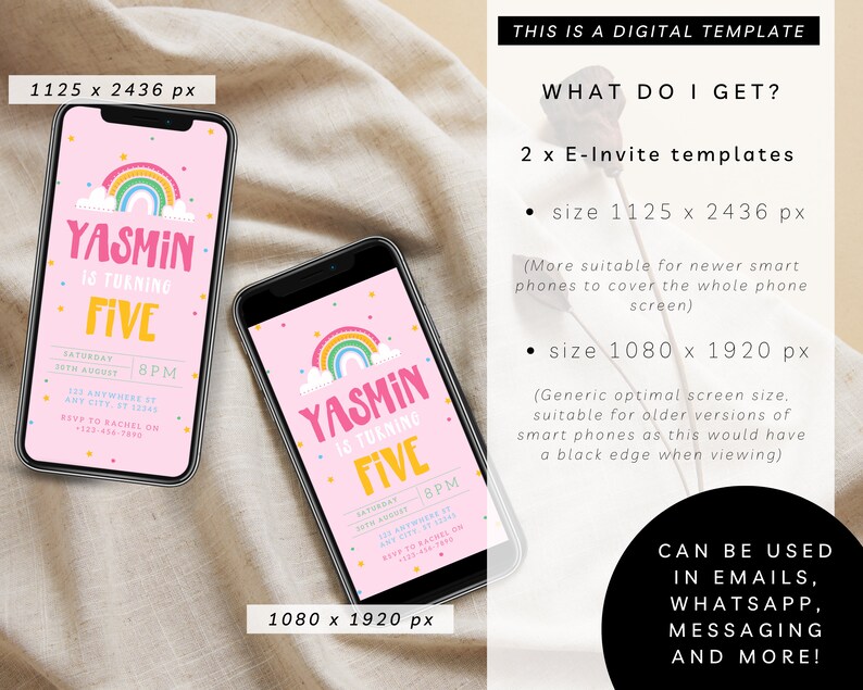 May include: Two digital templates for a birthday invitation. The invitation is pink with a rainbow, clouds, and confetti. The text on the invitation says "Yasmin is turning five". The invitation is available in two sizes: 1125 x 2436 pixels and 1080 x 1920 pixels.