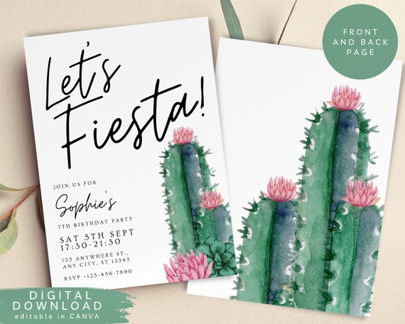 Kaktus-Geburtstagsfeier-Einladung, mexikanischer Geburtstag fr Erwachsene,  rosa Kaktus-Thema, lassen Sie uns Fiesta-Geburtstag einladen, Quinceao  digitale Einladung, 168 - Etsy.de